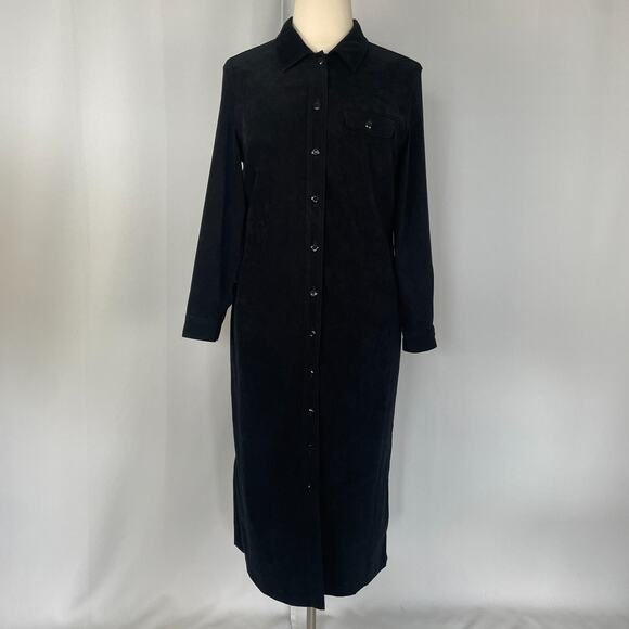 Vintage Dresses & Skirts - Vintage Maxi Dress Size 16 Black Solid Shirt Button Faux Suede Minimal Goth